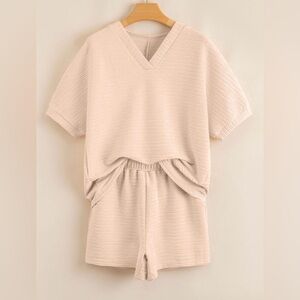 Apricot Textured V Neck T Shirt and Shorts Set